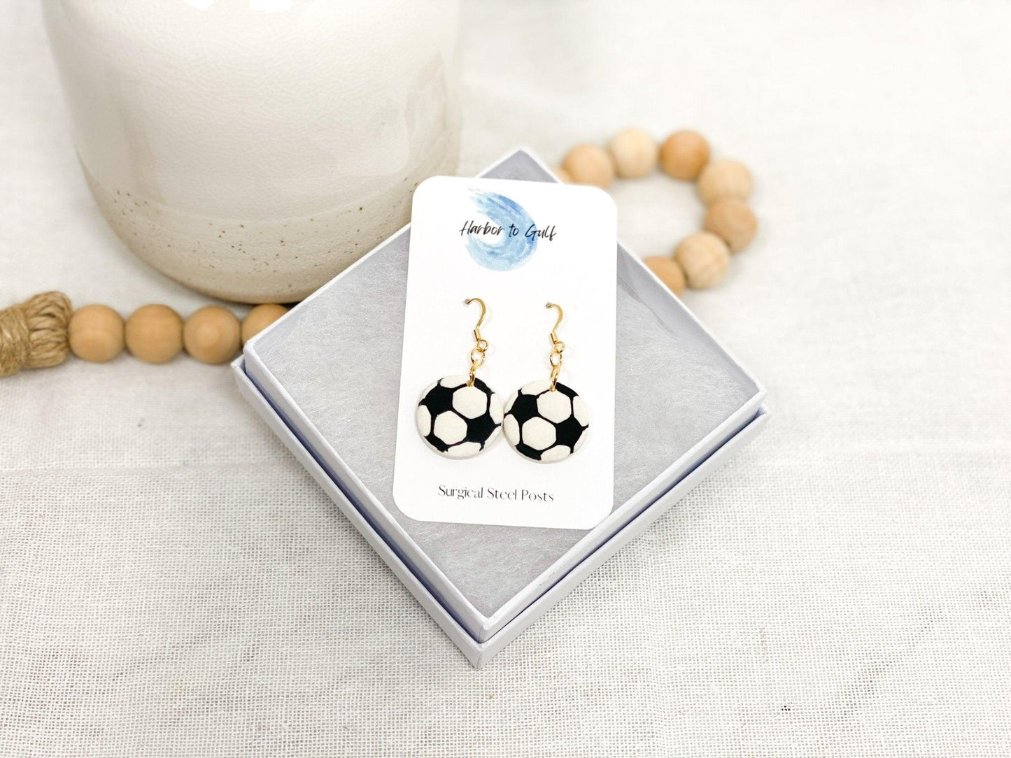 Soccer Earrings, Polymer Clay Earrings, Handmade, Surgical Steel, Gift for Sports Mom - Harbor to Gulf Co.