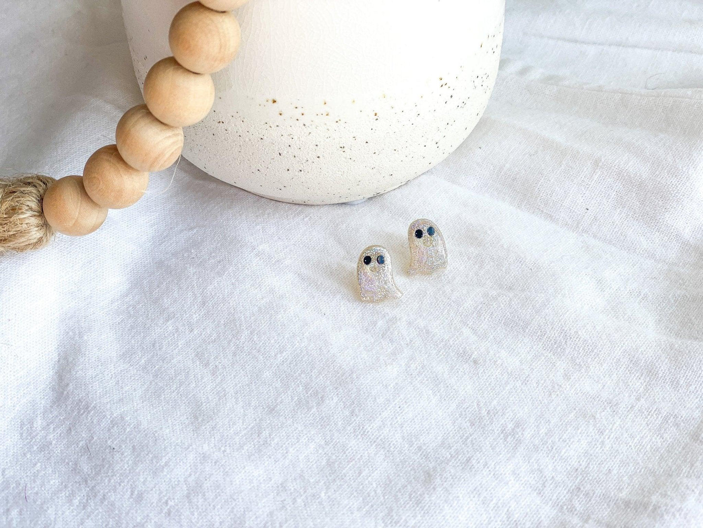 Sparkly Ghost Stud Earrings, Polymer Clay, Surgical Steel, Handmade - Harbor to Gulf Co.