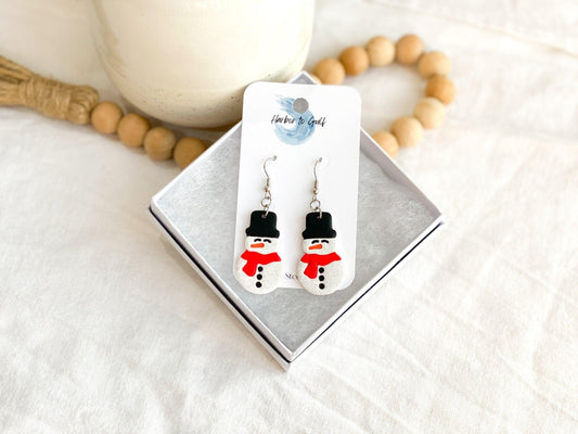 Handmade Sparkly Snowman Earrings with Silver Surgical Steel Ear Wires on Earring Card in White Gift Box