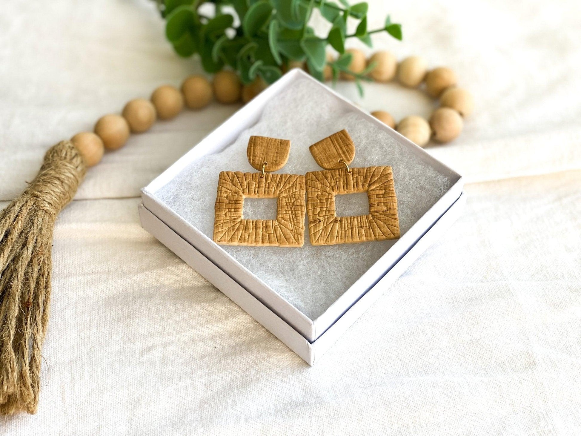 Handmade Square Rattan Earrings attached to Rattan Stud Tops with Surgical Steel Posts in White Gift Box