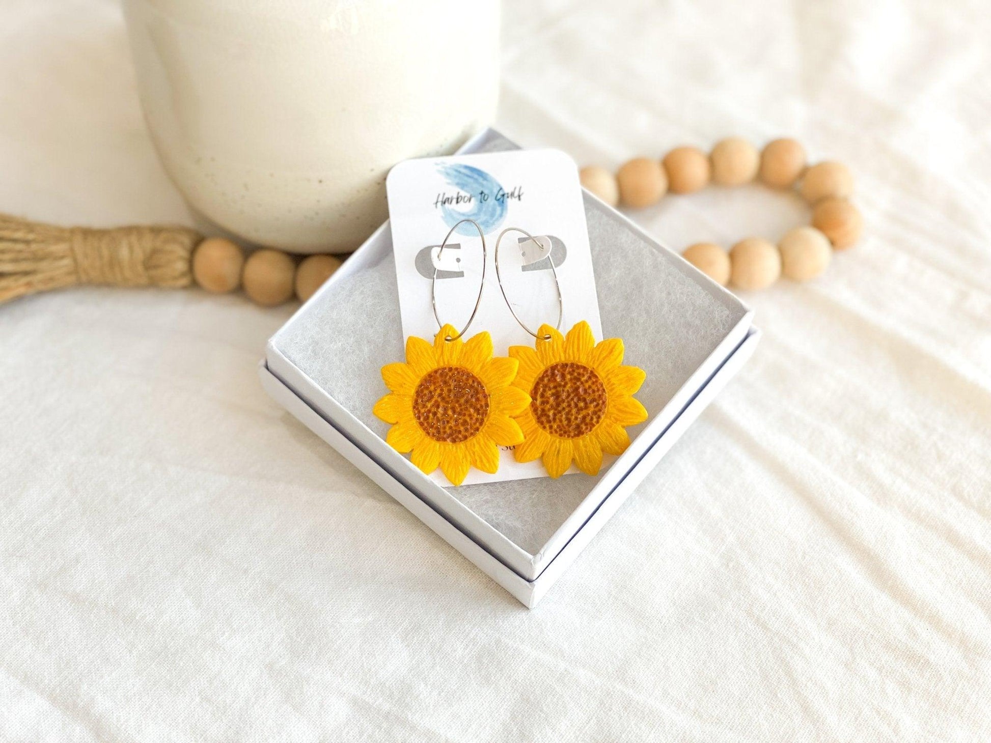 Sunflower Hoop Earrings, Handmade, Surgical Steel, Polymer Clay, Gifts for Women - Harbor to Gulf Co.