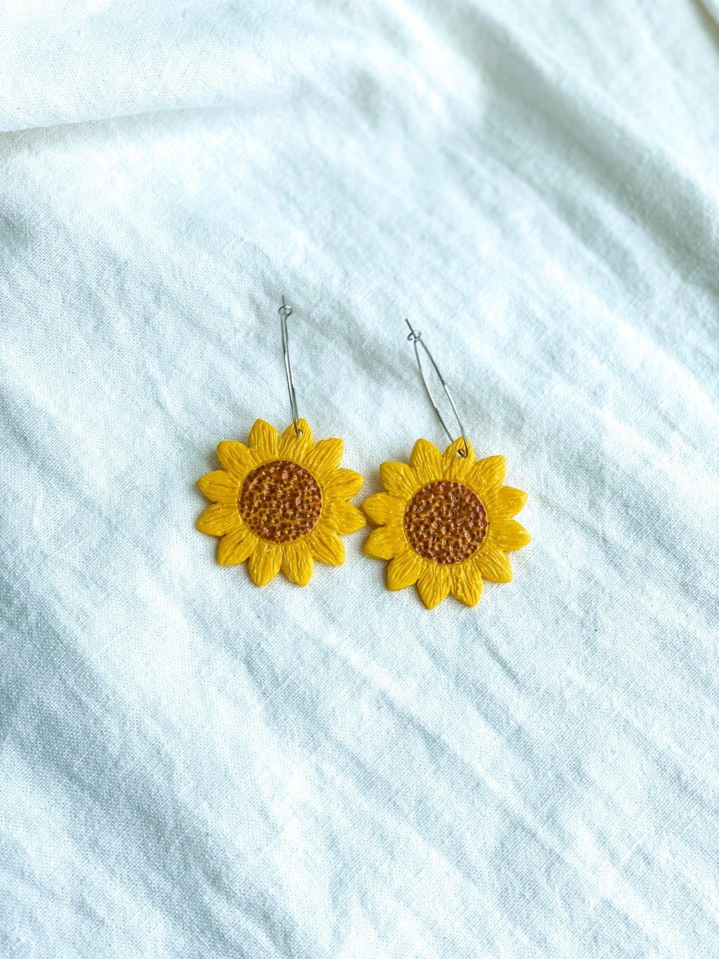 Sunflower Hoop Earrings, Handmade, Surgical Steel, Polymer Clay, Gifts for Women - Harbor to Gulf Co.