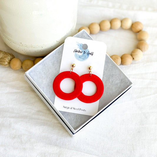 Handmade Bright Red Earrings with Gold Surgical Steel Ball Posts on Harbor to Gulf Earring Card in White Gift